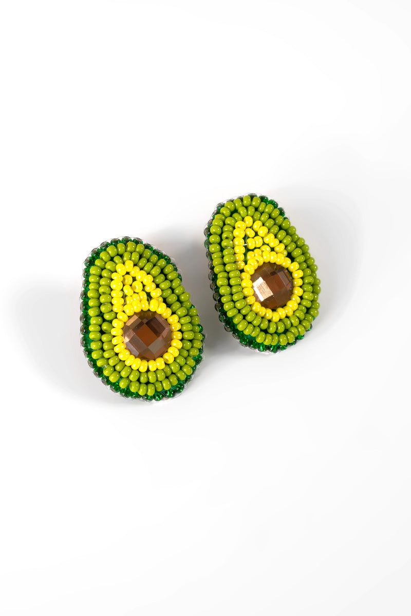 Avocado Earrings, Green Beaded Stud Earrings, Lightweight Women Earrings, Handmade Fruit Earrings