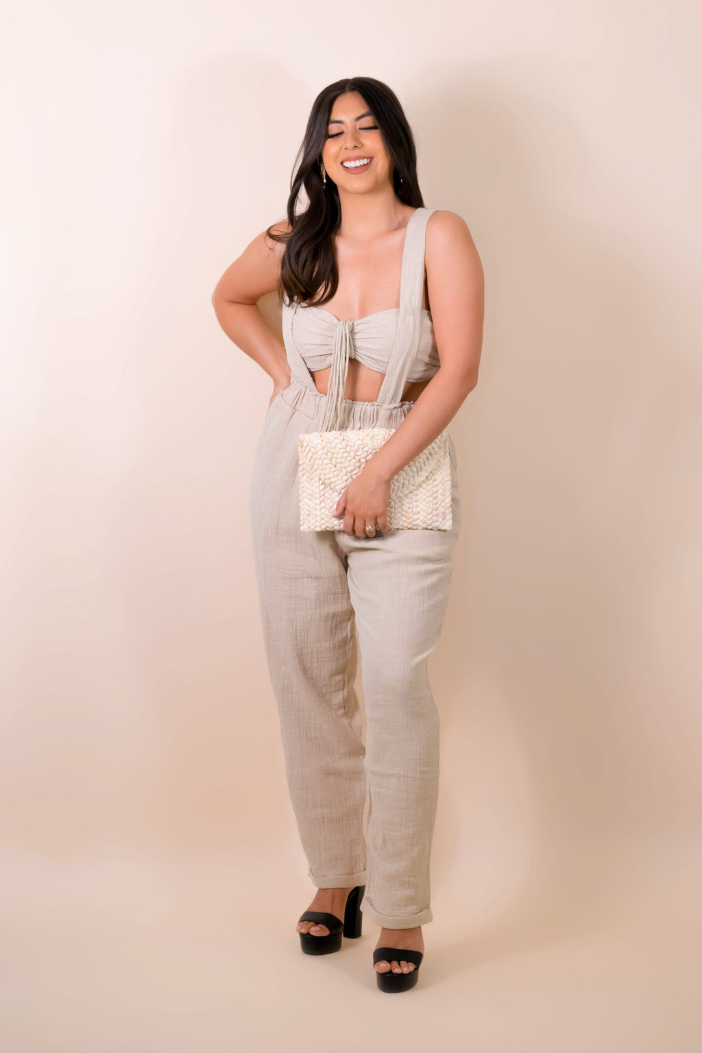 TUBE TOP AND PAPERBAG WITH SUSPENDERS PANTS SET - Taupe