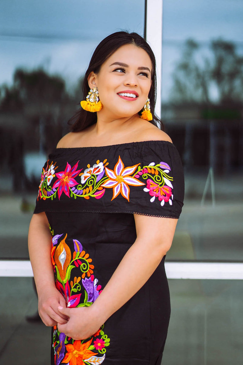 Caminos De Michoacán Embroidered Dress - Black