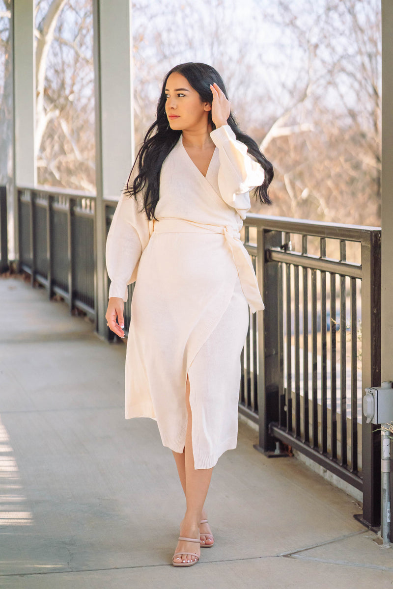 Roslyn Sweater Wrap Midi Dress - Taupe Andream Boutique Roslyn Sweater Wrap Midi Dress - Taupe Andream Boutique