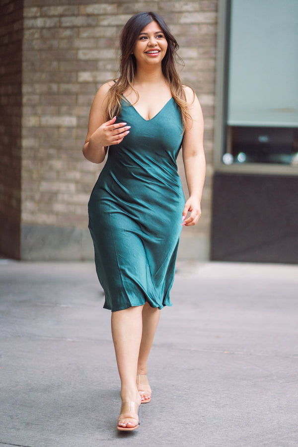 Winter Lovin' Satin Slip Dress - Pine