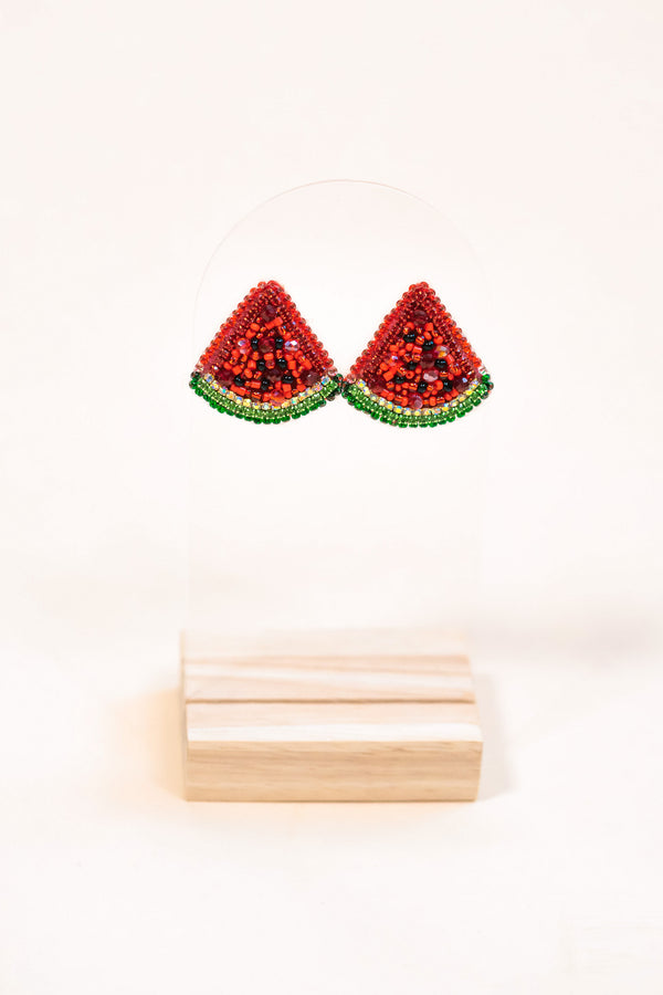 Watermelon Fruit Earrings, Red Colorful Beaded Earrings, Handmade Fruit Earrings, Fun Accessories, Summer Fun Studs, Casual Women Earrings
