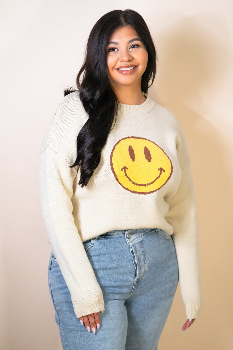 Smiley Face Sweater - Beige