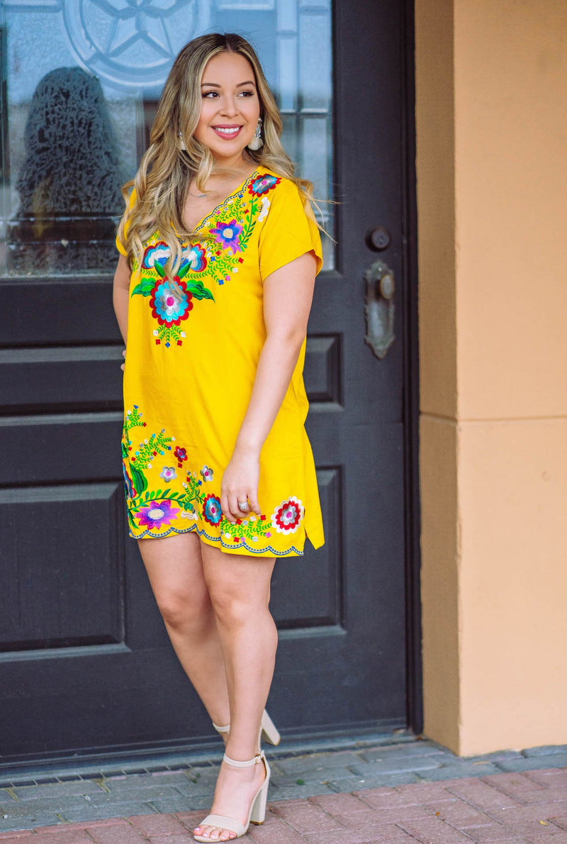 Vamos Al Mercado Embroidered Dress - Yellow