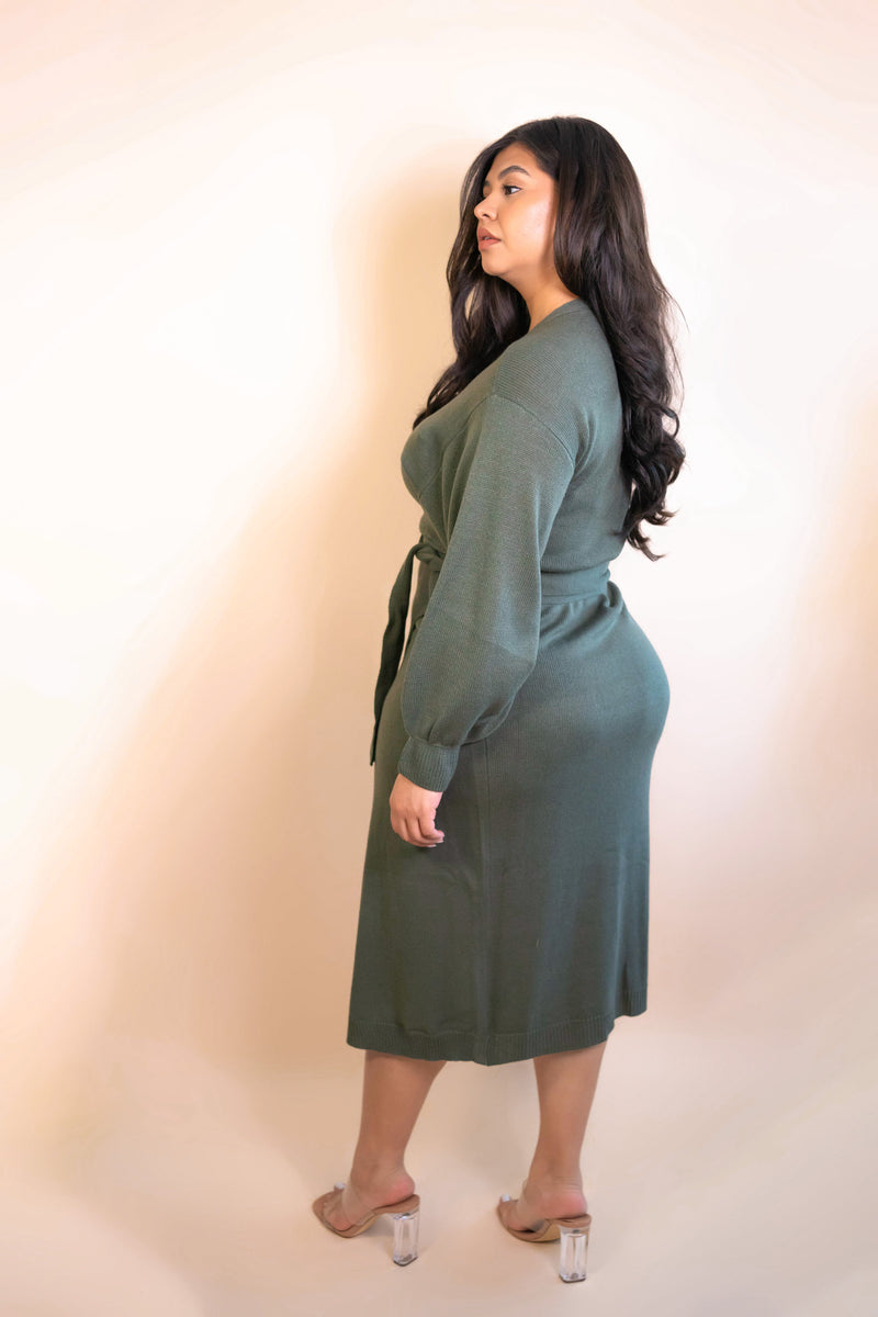 Roslyn Sweater Wrap Midi Dress - Olive