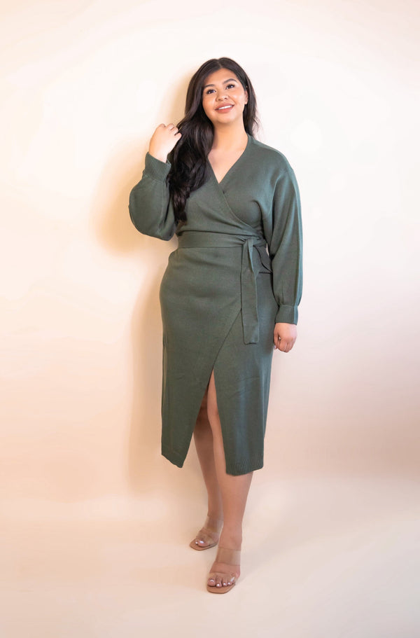 Roslyn Sweater Wrap Midi Dress - Olive